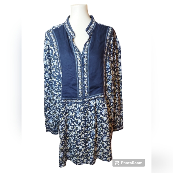 Woman Within Women's Floral Longsleeve Button Down Babydoll Blue Blouse … - Picture 1 of 13